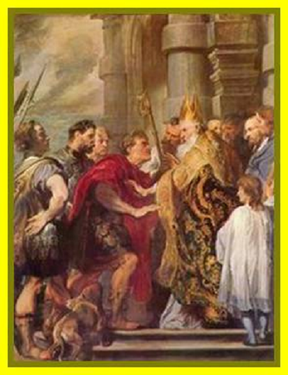 San Ambrosio no admite al emperador Teodosio a la Eucaristía hasta que haga penitencia
