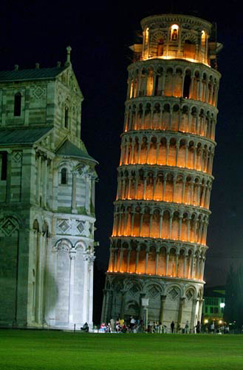 La Iglesia recta apunta al cielo - la torre de Pisa parece caerse